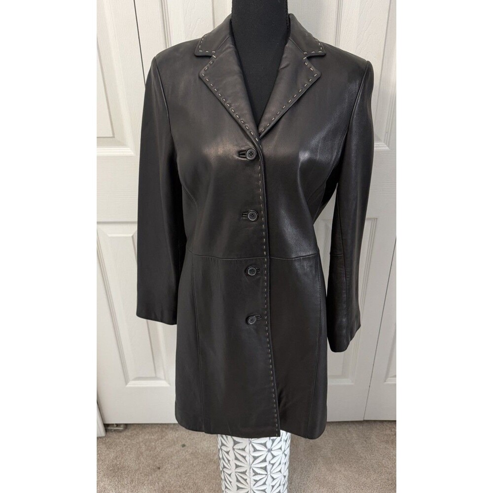 Petite Sophisticate Soft Black Leather Embroidered Stitch Blazer Sz 8 Jacket